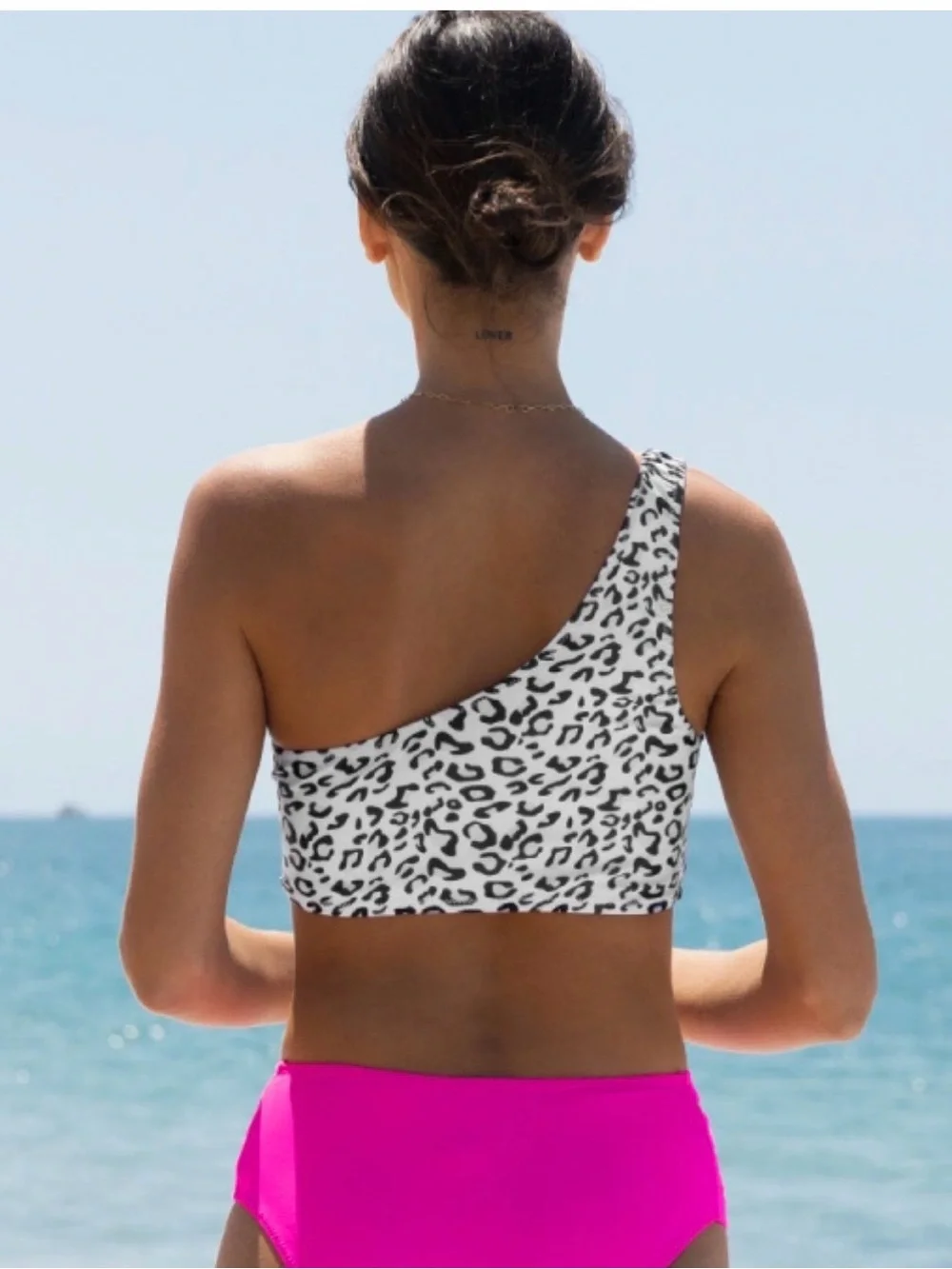 Asymmetrical Leopard Print Swim Top - Black & White